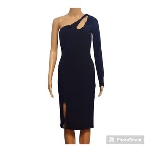 21 Saints Black Velvet One Shoulder Cut Out Split Thigh Dress